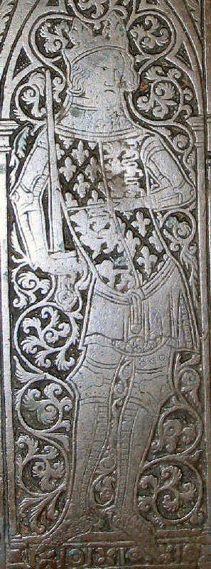 Edward III showing the heraldry of England quartered with France on the Hugh Hastings brass 1347 Elsing